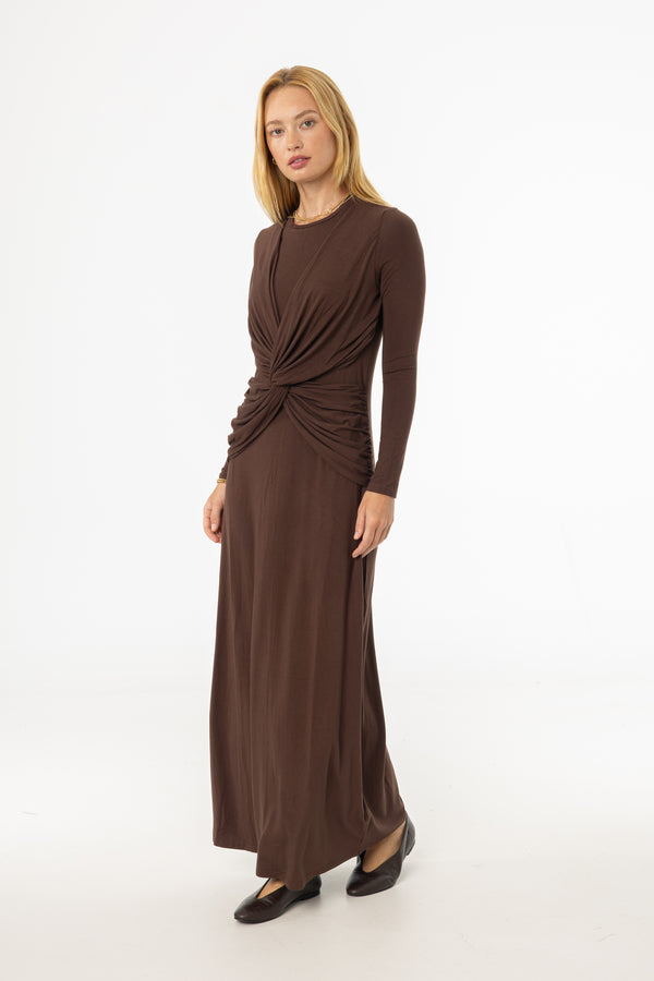 Brown Knot Crossover Maxi Dress