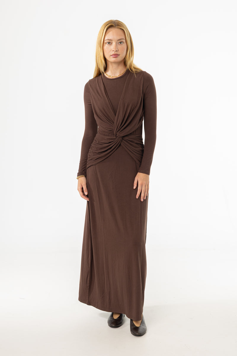 Brown Knot Crossover Maxi Dress