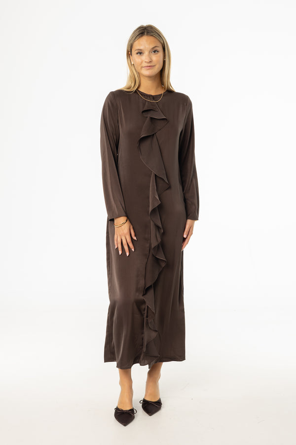 Brown Front Ruffle Silk Maxi