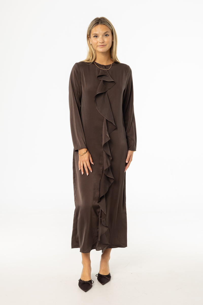 Brown Front Ruffle Silk Maxi