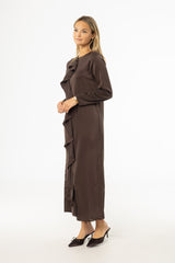 Brown Front Ruffle Silk Maxi