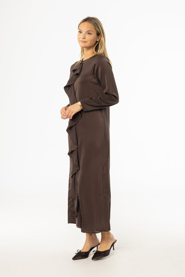 Brown Front Ruffle Silk Maxi