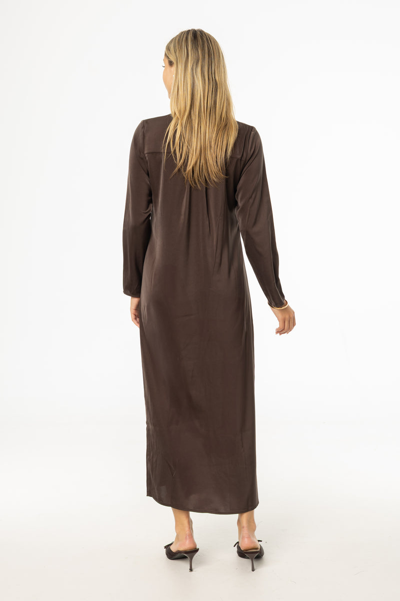 Brown Front Ruffle Silk Maxi