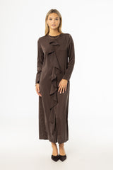 Brown Front Ruffle Silk Maxi