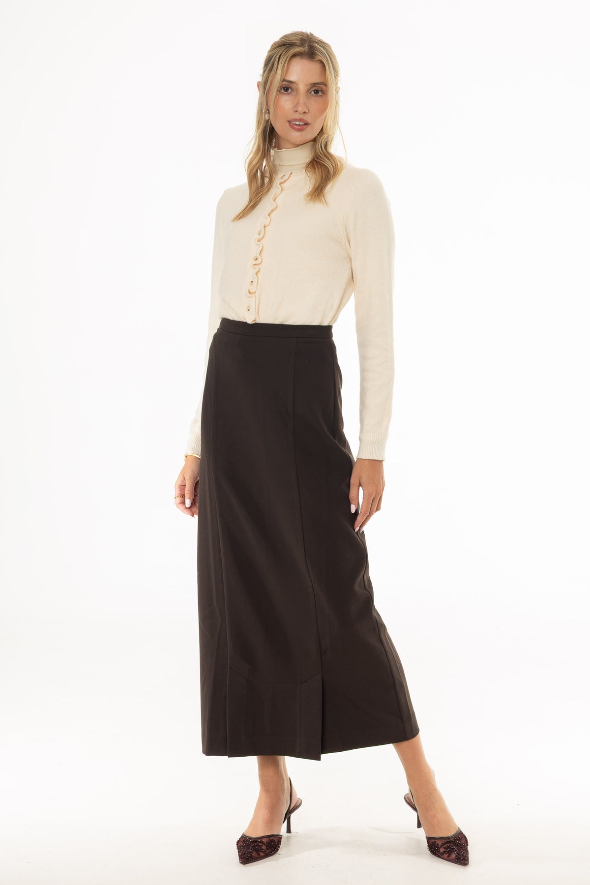 Brown Front Slit Paneled Maxi Skirt – BLANK