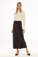 Brown Front Slit Paneled Maxi Skirt