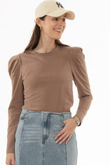 Brown Gathered Shoulder T-Shirt