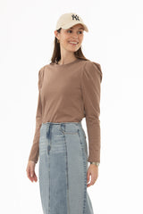 Brown Gathered Shoulder T-Shirt