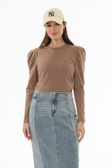 Brown Gathered Shoulder T-Shirt