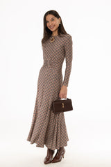 Brown Geometric Ruched Maxi Dress