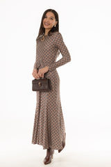 Brown Geometric Ruched Maxi Dress
