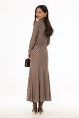 Brown Geometric Ruched Maxi Dress