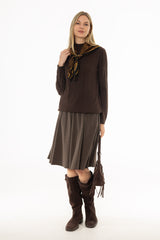 Brown Herringbone Pleated Skirt
