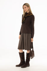 Brown Herringbone Pleated Skirt