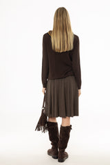 Brown Herringbone Pleated Skirt