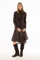 Brown Herringbone Pleated Skirt
