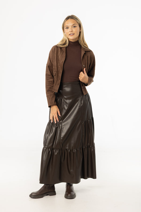 Brown Layered Faux Leather Skirt