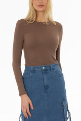 Brown Long Sleeve Ribbed T-Shirt