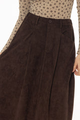 Brown Microsuede Flared Maxi Skirt