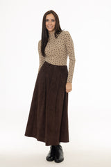 Brown Microsuede Flared Maxi Skirt