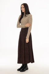 Brown Microsuede Flared Maxi Skirt