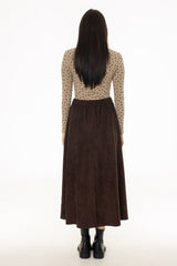 Brown Microsuede Flared Maxi Skirt
