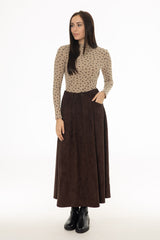 Brown Microsuede Flared Maxi Skirt