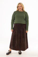 Brown Microsuede Flared Maxi Skirt
