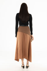 Brown Mixed Fabric Asymmetrical Skirt
