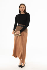 Brown Mixed Fabric Asymmetrical Skirt