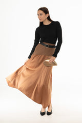 Brown Mixed Fabric Asymmetrical Skirt