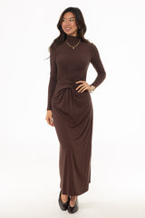 Brown Mock Neck Tie Front Dress