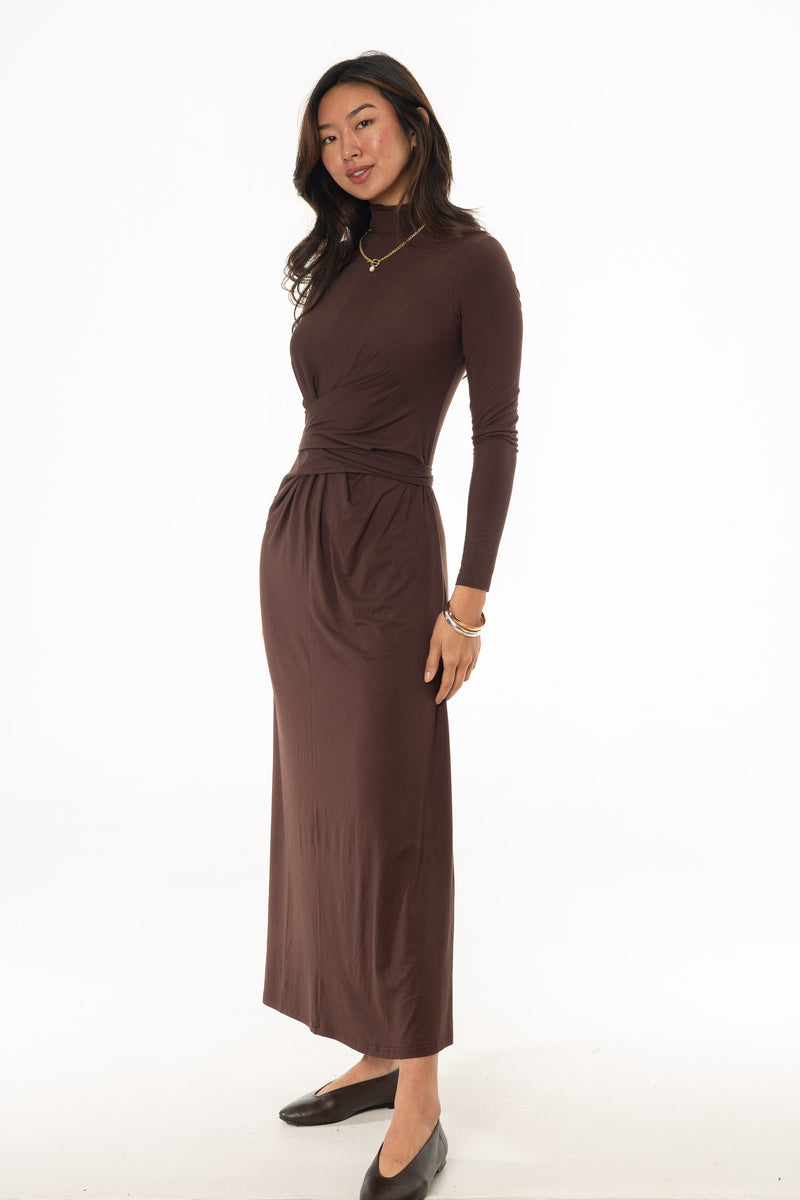 Brown Mock Neck Tie Front Dress – BLANK