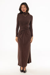 Brown Mock Neck Tie Front Dress