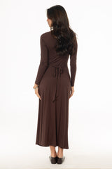 Brown Mock Neck Tie Front Dress
