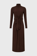 Brown Mock Neck Tie Front Dress