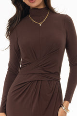 Brown Mock Neck Tie Front Dress