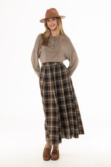 Brown Multi Plaid Flare Maxi Skirt
