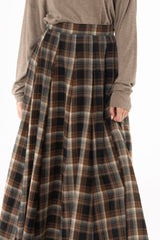 Brown Multi Plaid Flare Maxi Skirt