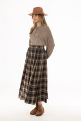 Brown Multi Plaid Flare Maxi Skirt