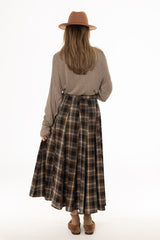 Brown Multi Plaid Flare Maxi Skirt
