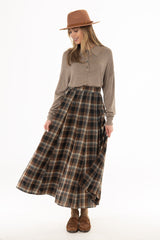 Brown Multi Plaid Flare Maxi Skirt