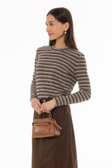 Brown Multi Striped Round Neck Sweater