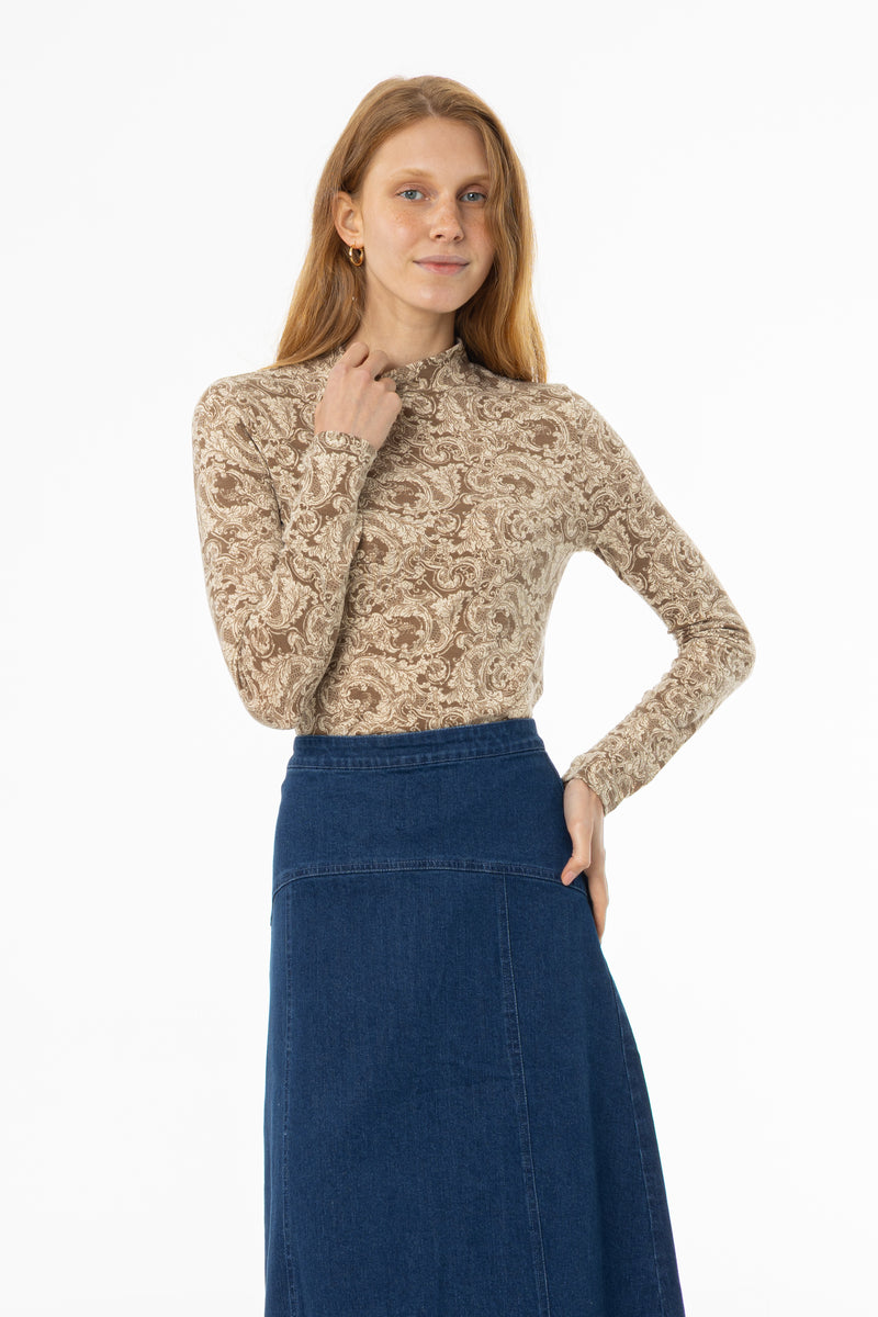 Brown Paisley Mock Neck Top
