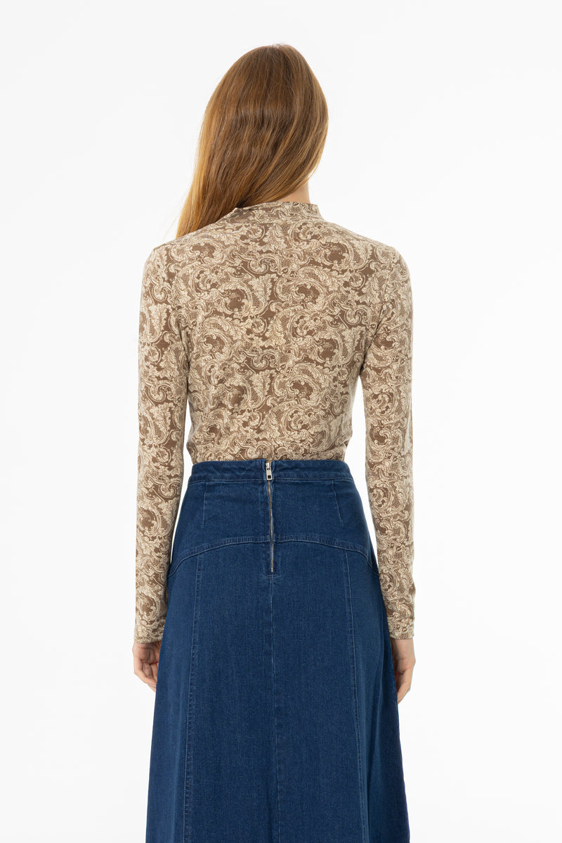 Brown Paisley Mock Neck Top