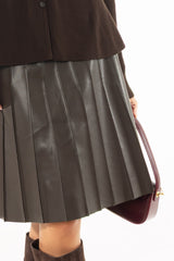 Brown Pintuck Vegan Leather Midi Skirt