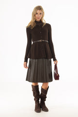 Brown Pintuck Vegan Leather Midi Skirt