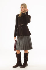 Brown Pintuck Vegan Leather Midi Skirt