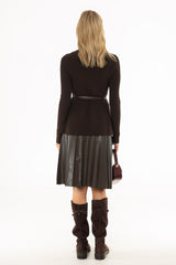 Brown Pintuck Vegan Leather Midi Skirt