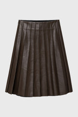 Brown Pintuck Vegan Leather Midi Skirt